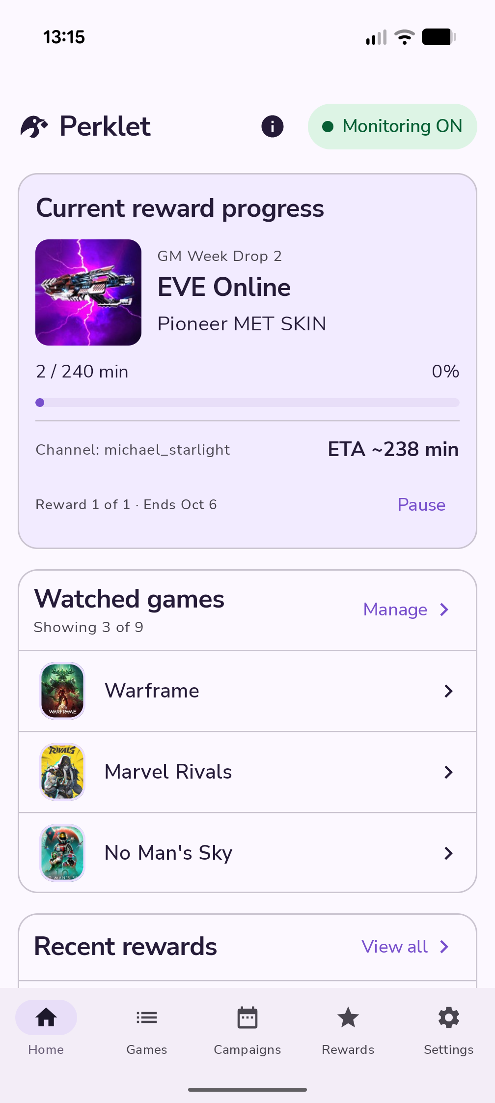 Perklet Home screen monitoring an EVE Online reward, with estimated time, watched games, and a pause control.